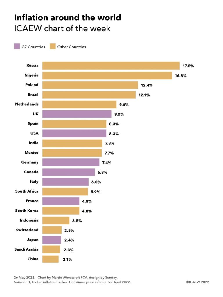 Bar chart showing inflation rates by G20 country: Russia 17.8%, Nigeria 16.8%, Poland 12.4%, Brazil 12.1%, Netherlands 9.6%, UK 9.0%, Spain 8.3%, USA 8.3%, India 7.8%, Mexico 7.7%, German 7.4%, Canada 6.8%, Italy 6.0%, South Africa 5.9%, France 4.8%, South Korea 4.8%, Indonesia 3.5%, Switzerland 2.5%, Japan 2.4%, Saudia Arabia 2.3%, China 2.1%.